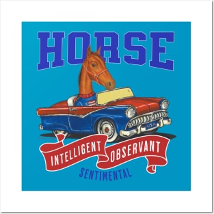 Humor funny and cute Horse driving a classic car to a retro parade with red white and blue flags Posters and Art